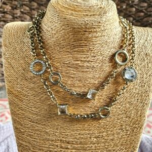 Guess Gold-tone Chain Necklace, Interspersed Shapes with Black Enamel Logo